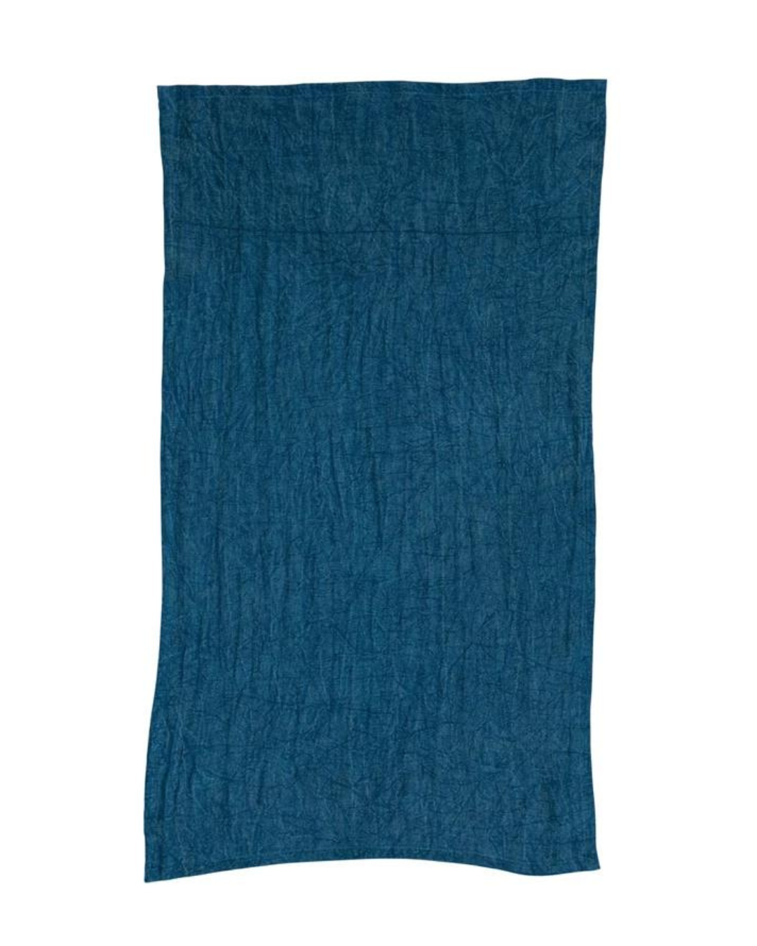 The Linen Tea Towel NAVY by Creative Co-op, featuring a wrinkled texture and dark blue color, is displayed against a white background. The lightweight fabric has slightly uneven edges.