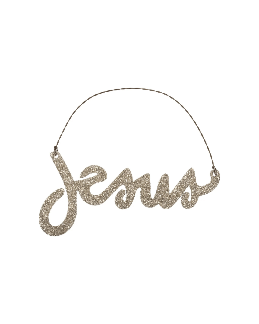 The Faire &quot;Jesus&quot; ornament is a hand-lettered metal decoration in cursive, embellished with gold glitter and includes a handy loop for hanging.