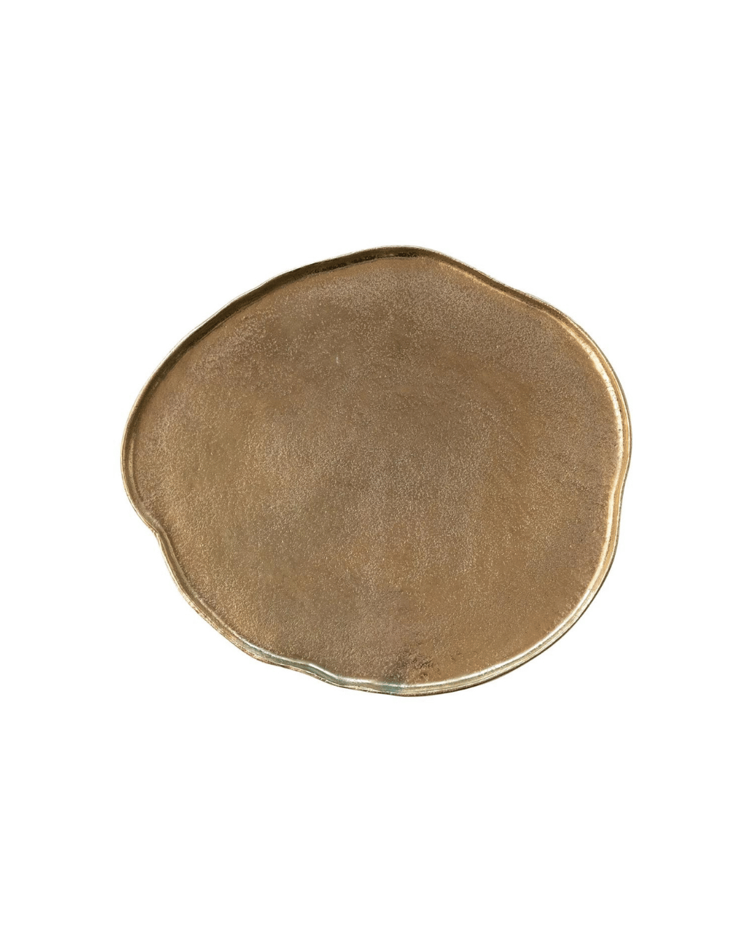 Introducing the Organic Shaped Tray by Creative Co-op: a round, irregularly-shaped cast aluminum tray featuring a smooth texture. The uneven edges enhance its natural, organic appearance, while the shimmering gold finish adds a reflective and elegant touch.