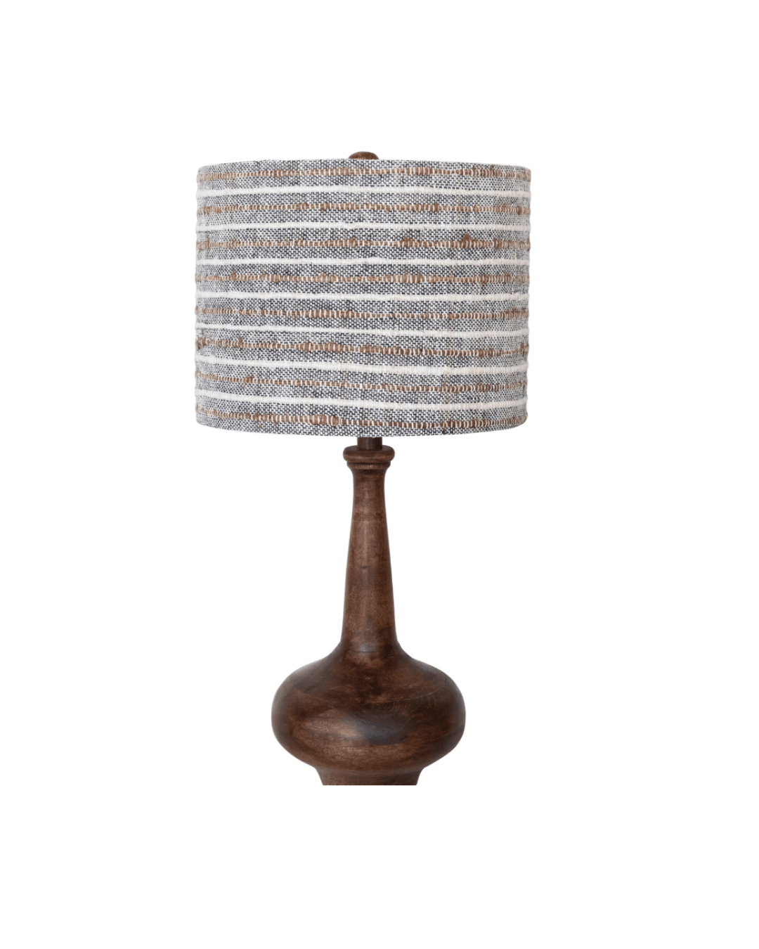 A Creative Co-op Mango Table Lamp with a rounded, stained finish base and a cylindrical woven cotton linen shade. The lampshade features alternating horizontal stripes in various shades of beige and gray, adding texture to the plain white background.