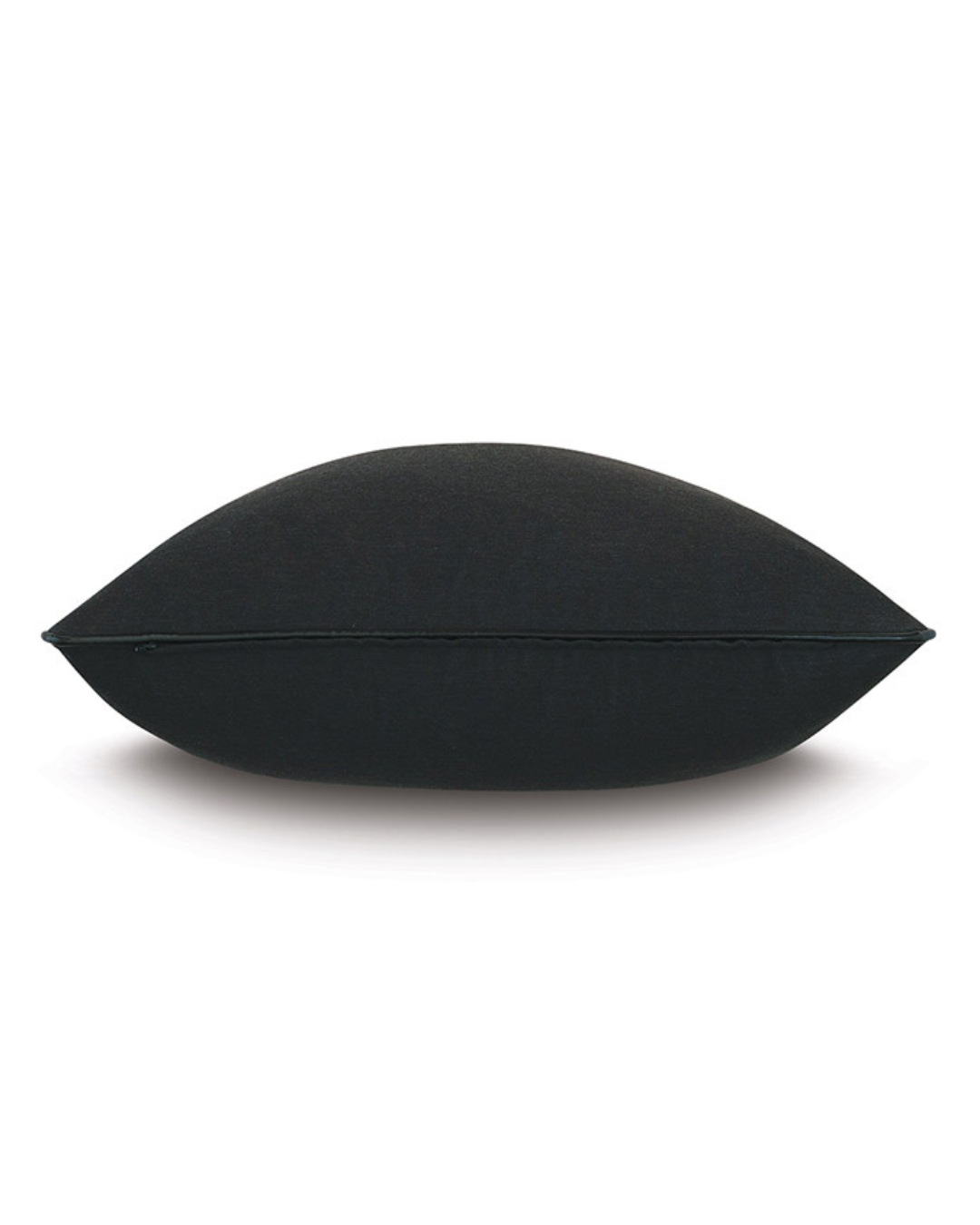 A black, rectangular SOLID EURO SHAM IN BLACK 27x27 by Eastern Accents in a 27x27 size is displayed against a white background. Shown from a side view where the zipper or seam is visible, the pillow appears to be plush and slightly curved at the edges, enhancing its contemporary aesthetic.