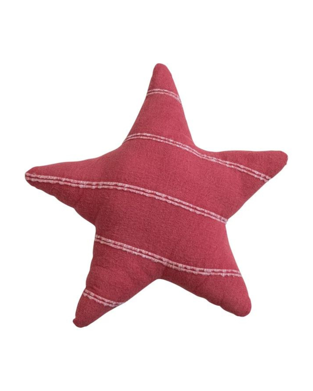 The Creative Co-op Star Shaped Pillow, featuring a red fabric cover with subtle horizontal white stripes, is crafted from brushed cotton flannel. Its soft and plush texture makes it perfect for decorative use or cuddling.