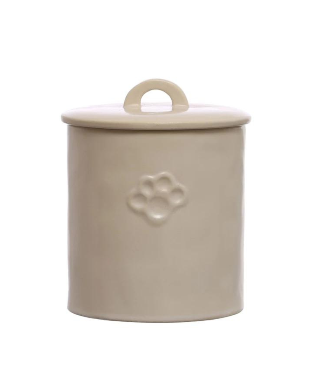 Introducing the Creative Co-op Treat Jar White, a cylindrical beige ceramic container with a matching lid featuring a convenient loop handle. Perfect for placing on shelves or in cabinets, this elegant jar boasts an embossed paw print design on the front.