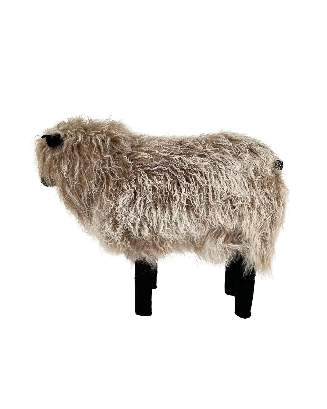 The Faire Tibetan Lamb Sheep is a high-quality, life-sized sculpture with curly beige wool, black legs on a white background, and a partially obscured face by its fluffy coat, making it an enchanting nursery accessory.