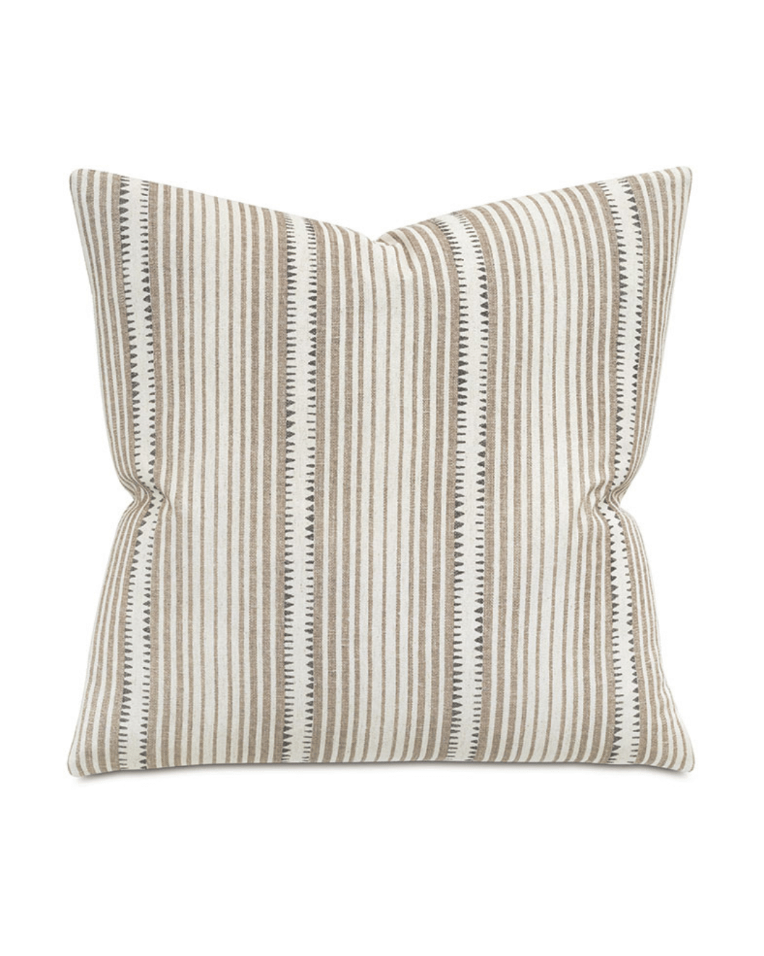 The Hoyt Striped 22x22 decorative pillow by Eastern Accents showcases vertical beige and white stripes, accentuated with a printed pattern and small black stitches along the beige stripes for added texture. It is designed with a convenient zipper closure for easy maintenance.