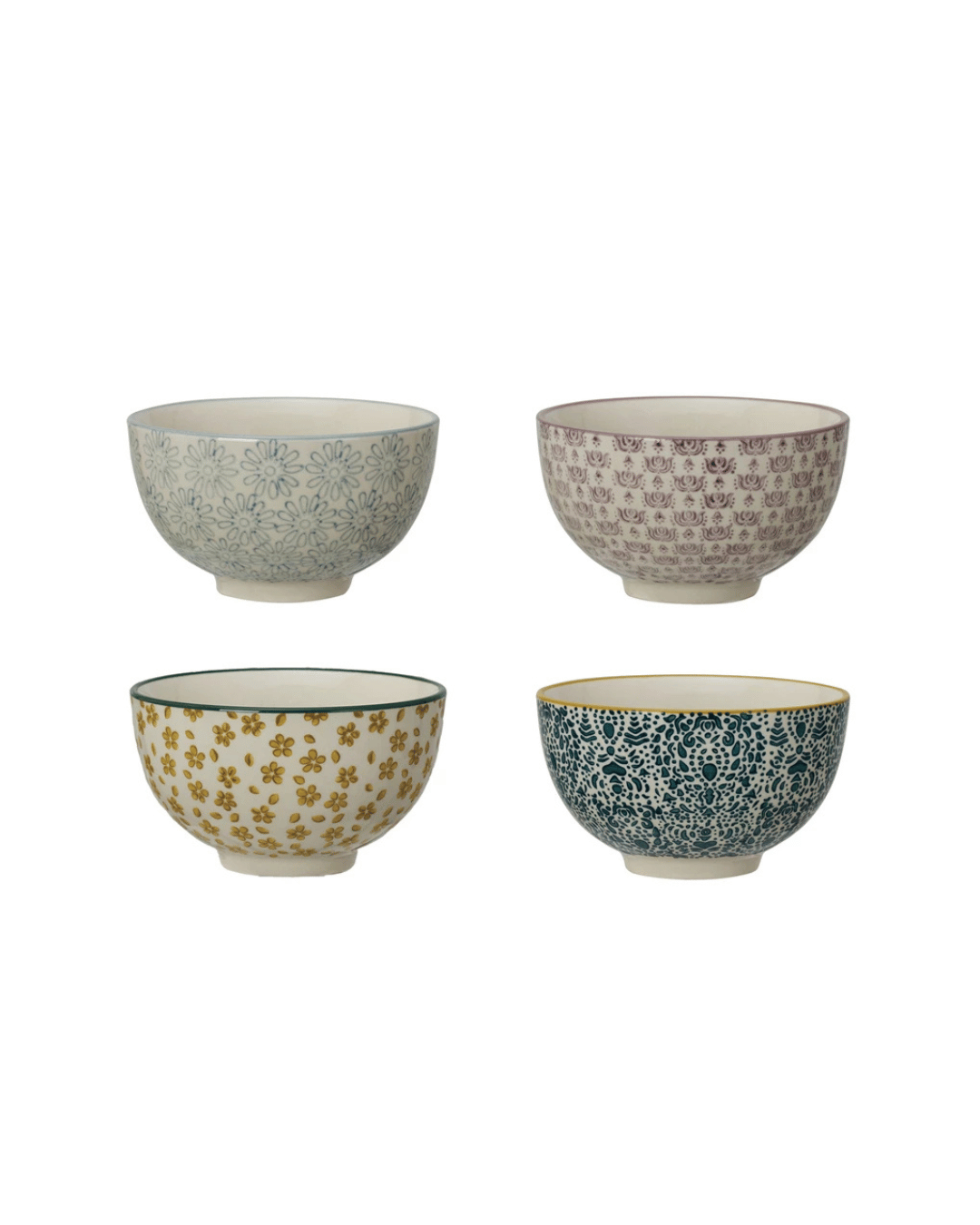 Explore Creative Co-op's Hand-Stamped Stoneware Bowls, featuring four unique patterns: a light blue floral, purple geometric, yellow with tiny flowers, and dark blue lace on a white background.