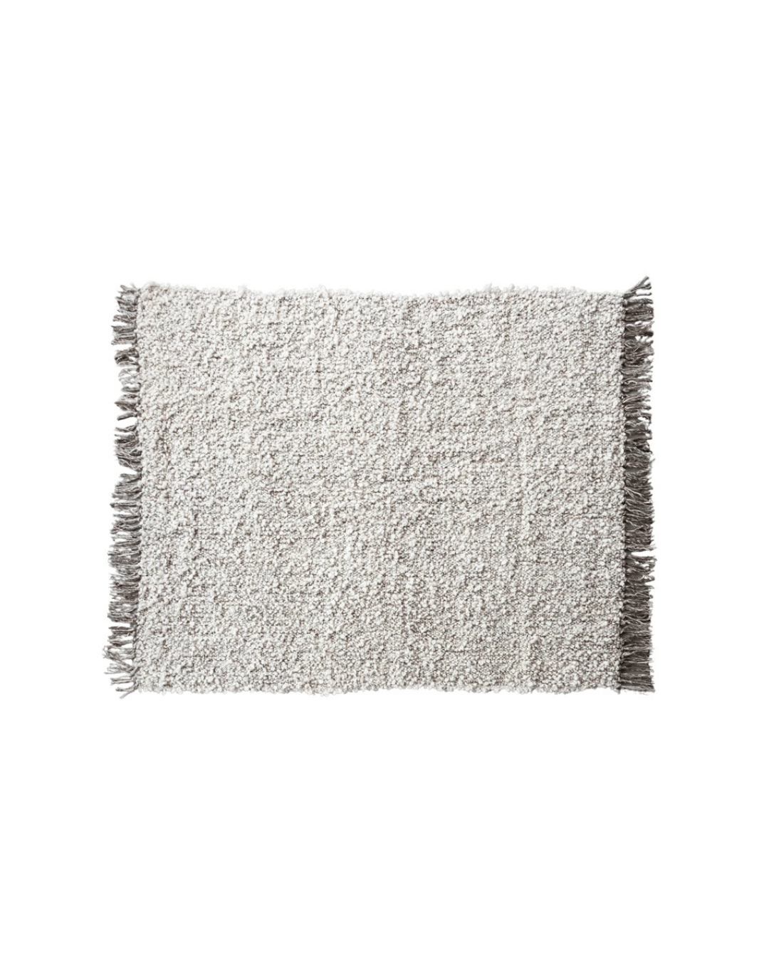 The Bloomingville New Zealand Wool Shag Throw, a rectangular plush grey rug crafted from a wool blend, lies flat against a white background. Its textured fabric and fringe on the shorter sides add an elegant touch, making it ideal for luxury decor enthusiasts.