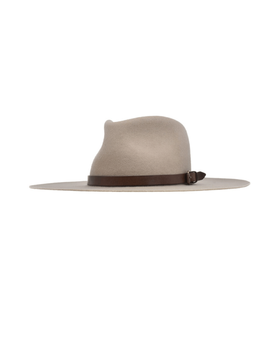 The Stratford Fedora by Ninakuru, featuring a beige wide brim and a brown leather band, provides stylish sun protection and is ethically crafted.