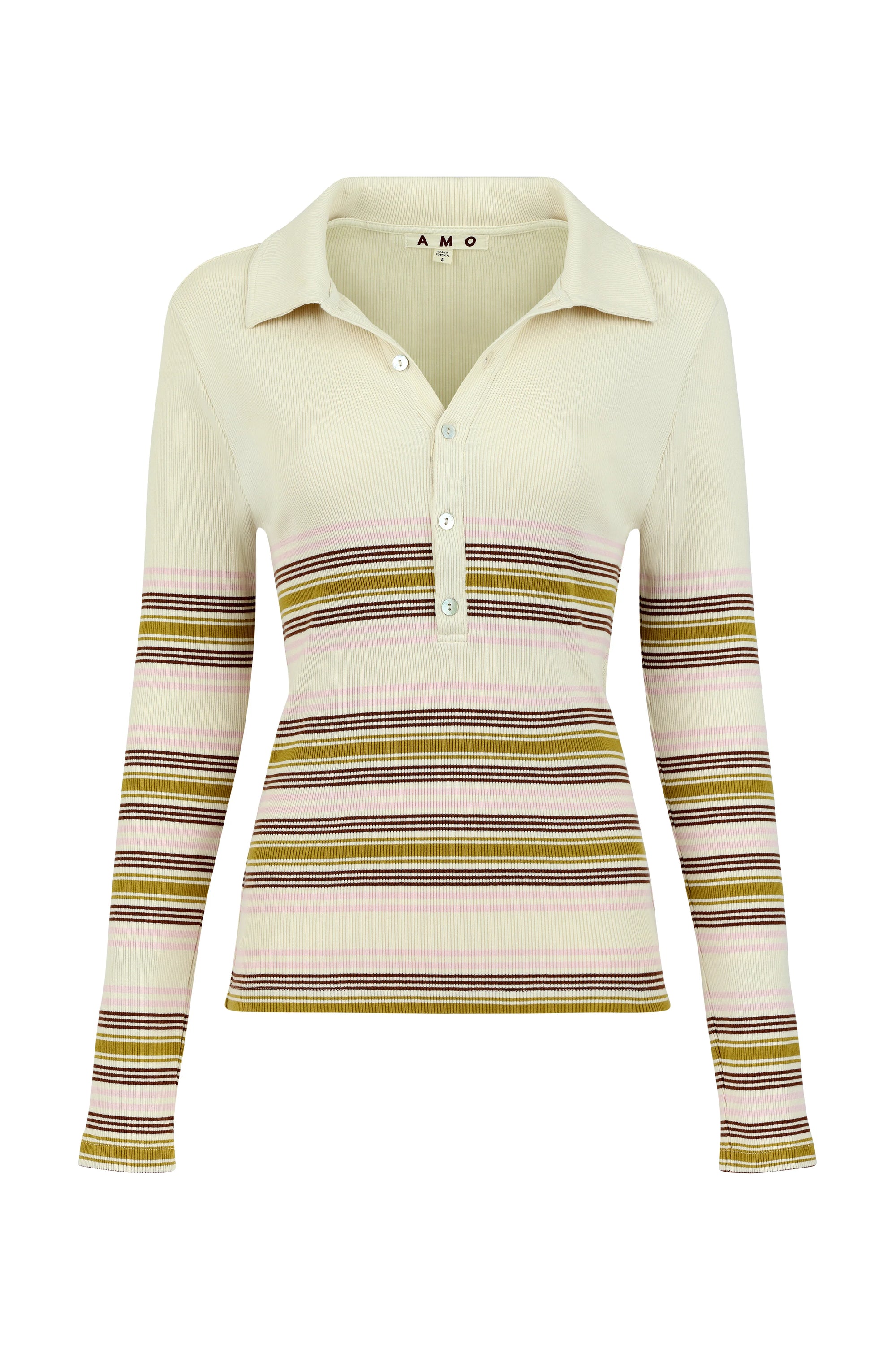The AMO Denim Desiree Tee is a long-sleeve, ribbed top with a classic collar, button placket, and beige, brown, pink, and mustard horizontal stripes across the midsection and sleeves.