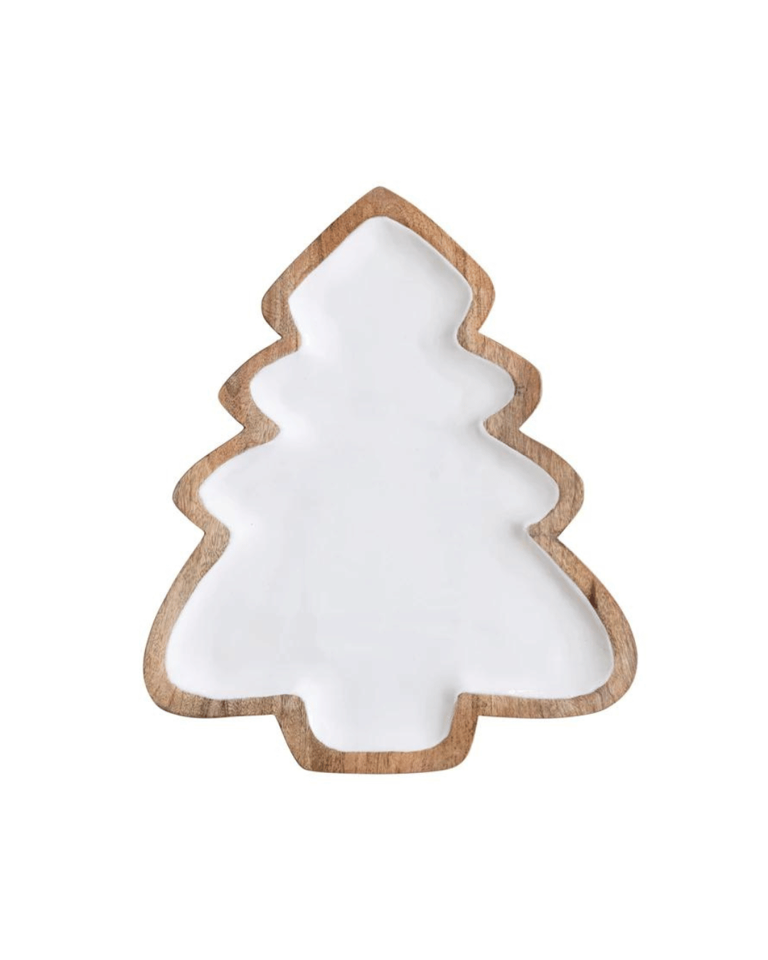 The Creative Co-op Mango Wood Christmas Tree Tray is a festive decorative piece featuring a pine tree shape. This tray boasts a white interior and an enameled mango wood exterior border, making it an ideal addition to your holiday décor collection.