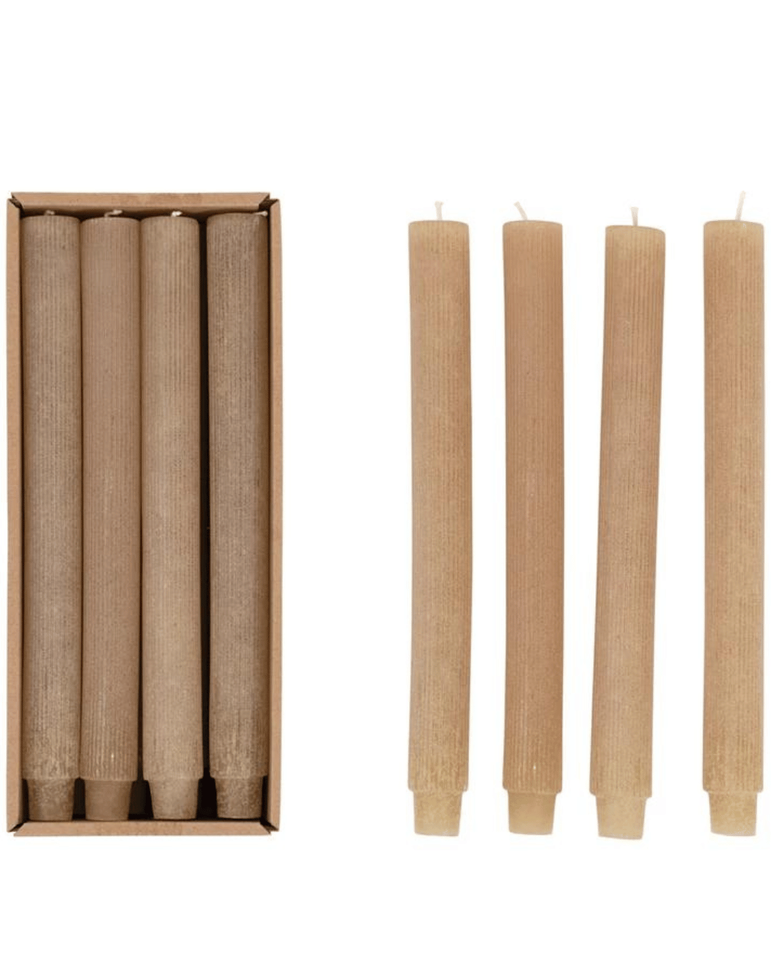 Six linen-colored Creative Co-op Unscented Taper Candles are displayed. Five candles are aligned vertically in a cardboard box to the left, while four stand separately to the right. The paraffin wax candles have a textured exterior and visible wicks at the top.