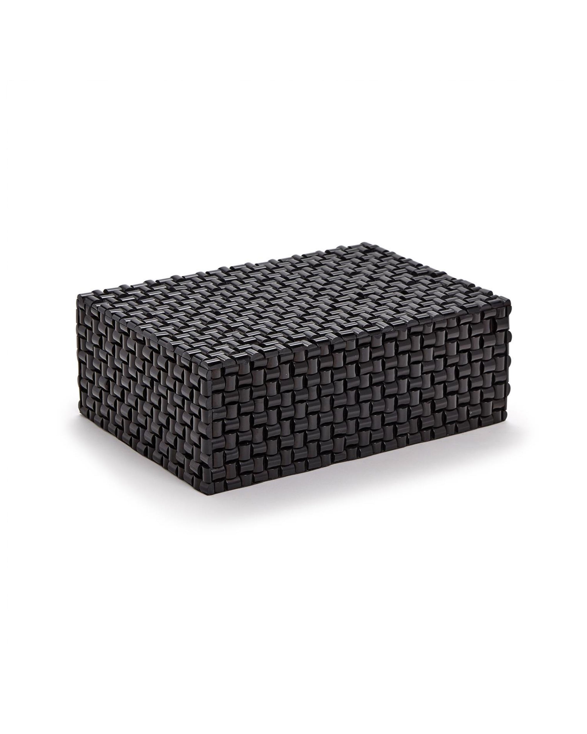 The DGJ145 Rectangle Covered Box by Two's Company is a handmade black woven storage box with a textured pattern, shown against a plain white background.
