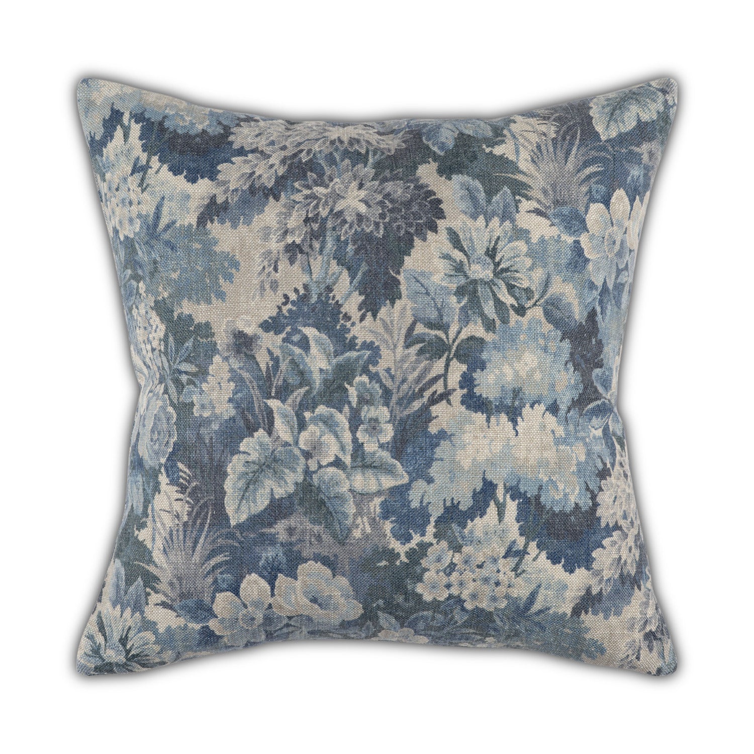 The Daphne Pillow by Moss Studio features painterly blue and gray vintage-inspired florals and leaves on a textured, linen-look white background.