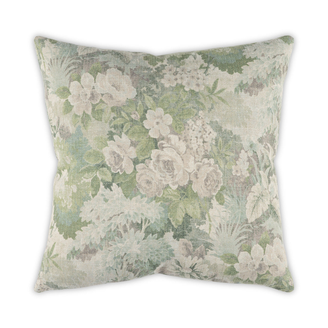 The Daphne Pillow by Moss Studio features a square shape with painterly light green, beige, and white floral designs on linen-look textured fabric, showcased against a white background.