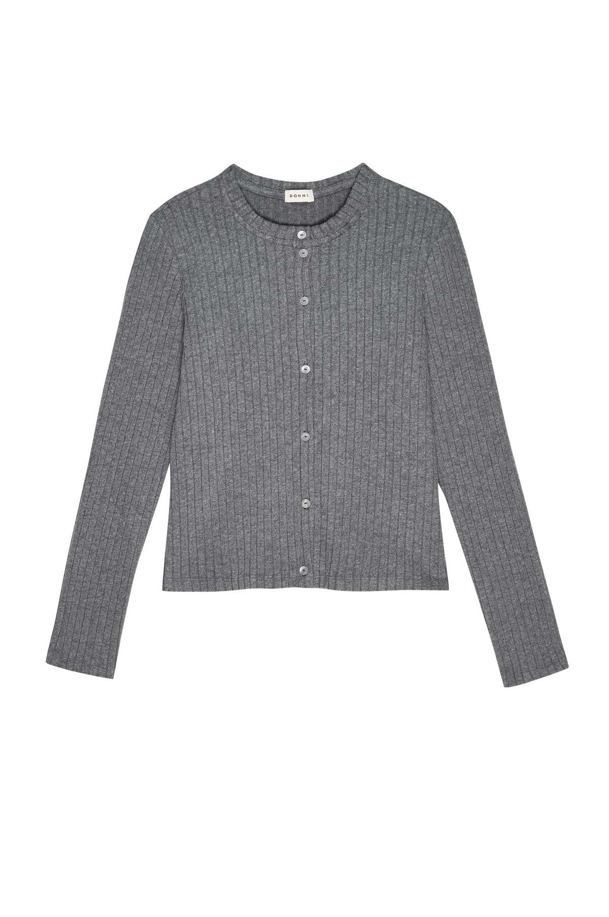 The Donni The Sweater Rib Cardi is a grey, long-sleeve cardigan with a ribbed texture, button-up front, and round neckline, shown on a white background.