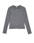 The Donni The Sweater Rib Cardi is a grey, long-sleeve cardigan with a ribbed texture, button-up front, and round neckline, shown on a white background.
