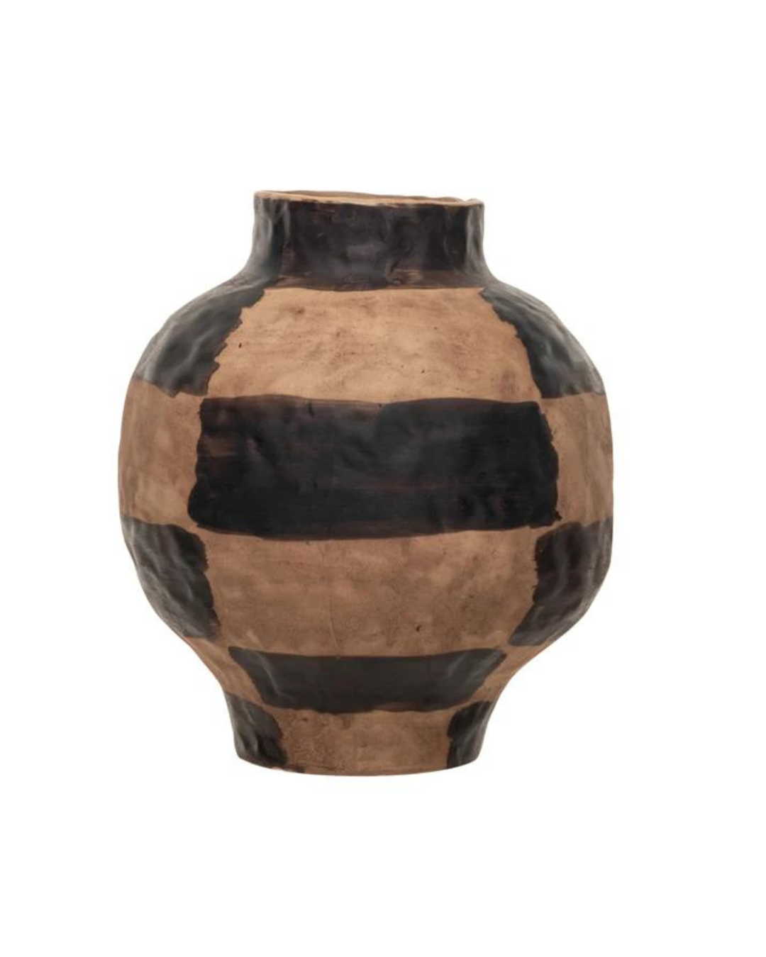 Introducing the Circle Vase Check by Creative Co-op: This rustic, round stoneware vase showcases alternating horizontal bands of dark brown and natural beige hues. Featuring a hand-painted finish, its slightly narrow neck complements its bulbous body, exuding an earthy artisan design that makes it a perfect decorative home accessory.