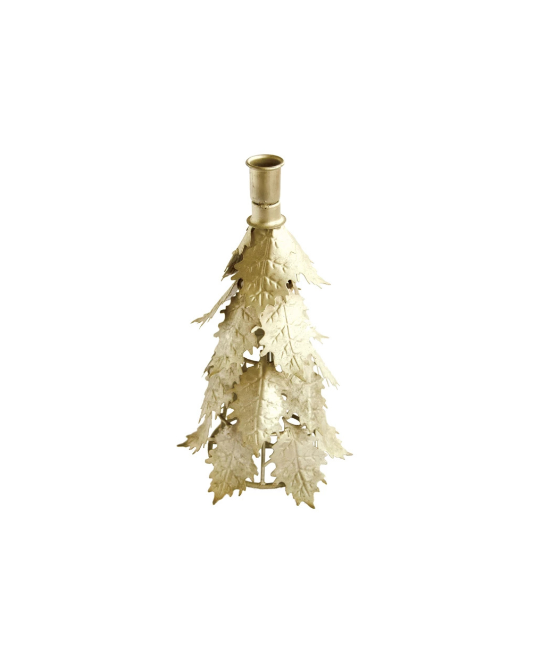 The Creative Co-op Silver Taper Holder Leaves 12" is a small candle holder with a distressed silver finish that resembles a Christmas tree. It features layered leaves and an empty socket at the top, ideal for holding a tall taper candle against a white background.