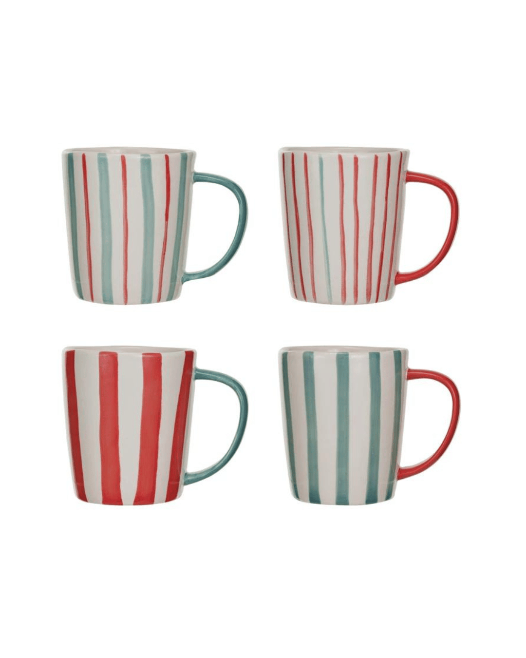 A set of four charming dining pieces, the Hand Painted Mugs by Creative Co-op feature a delightful striped pattern. Two have red stripes with green handles, and the other two have green stripes with red handles, all set against a plain white background.