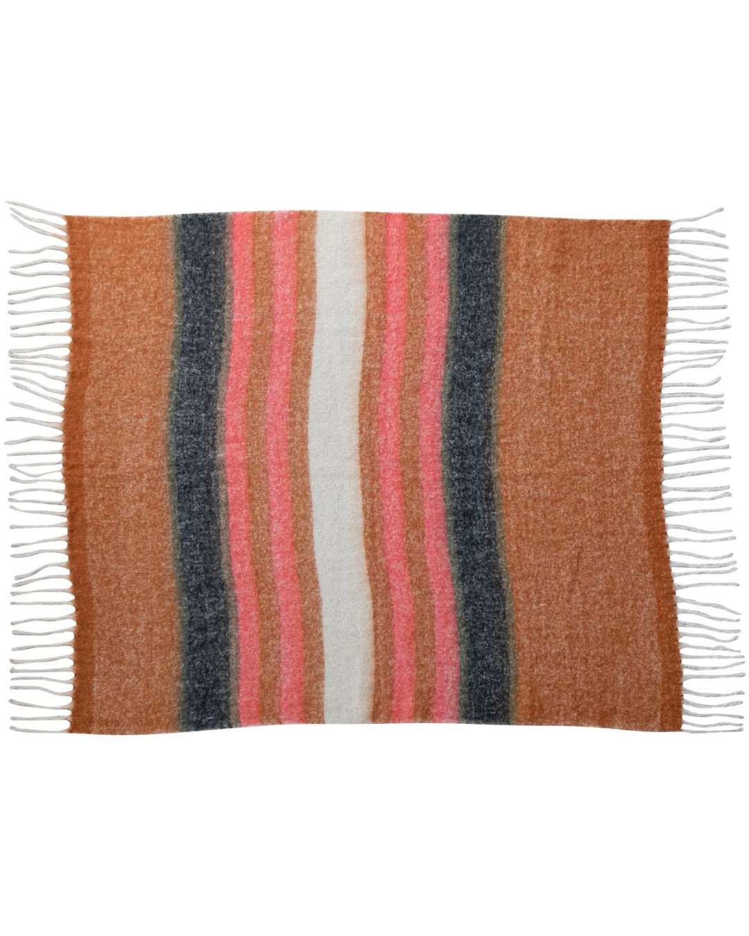 The Creative Co-op Wool Throw Stripes & Fringe 60x50 is a rectangular woven blanket crafted from an acrylic and wool blend. It showcases horizontal stripes in a vibrant mix of burnt orange, pink, gray, and white. The soft and cozy texture is complemented by charming white fringe on the shorter sides.