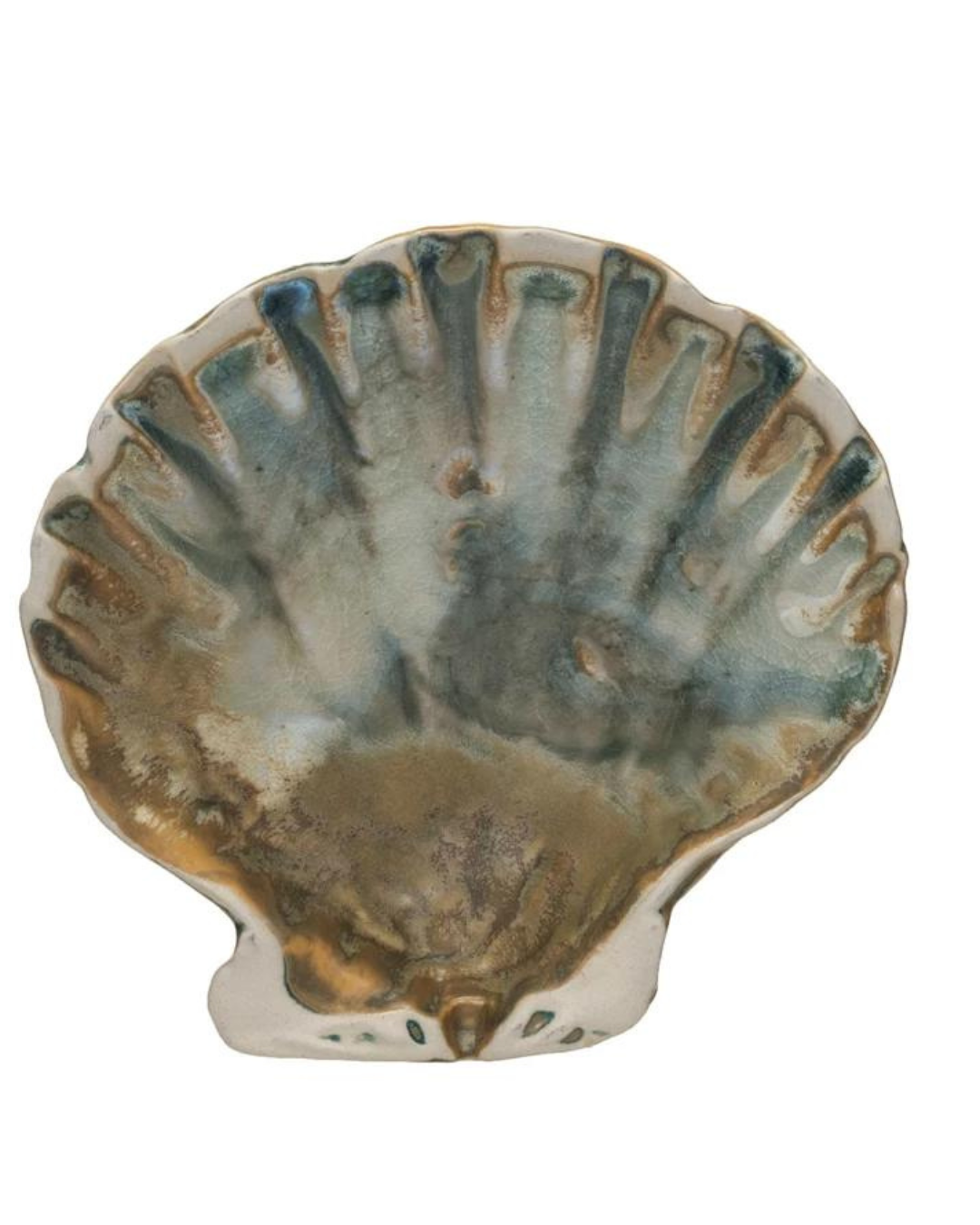 The Creative Co-op Shell Shape Dish is a stoneware piece with a glossy, multicolored glaze in blue, green, and brown shades. It features a scalloped edge and a textured surface, mimicking the natural look of a seashell with its reactive crackle glaze.