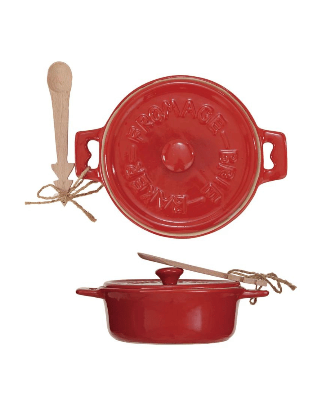 The Creative Co-op Brie Baker w/ Lid & Spoon features a red ceramic baker with handles, embossed with "FROMAGE" and "BRIE." It comes with a matching lid that includes a handle, as well as a decorative wood tree-shaped spoon tied with string. One view shows the lid separately from the baking dish.