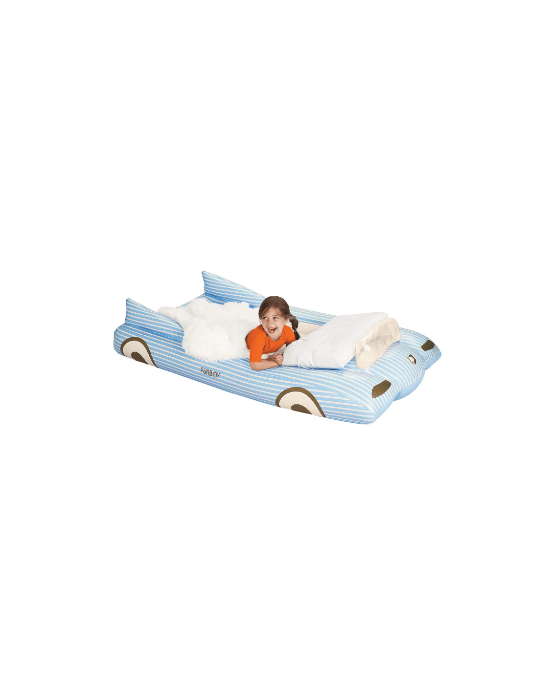 The child is smiling, leaning on their elbows on a cozy flocked material inflatable bed designed in the shape of a blue car with white blankets. This delightful Blue Convertible Kids Sleepover Air Mattress by Faire features a striped design and wheels, providing easy storage and travel convenience for fun nights.