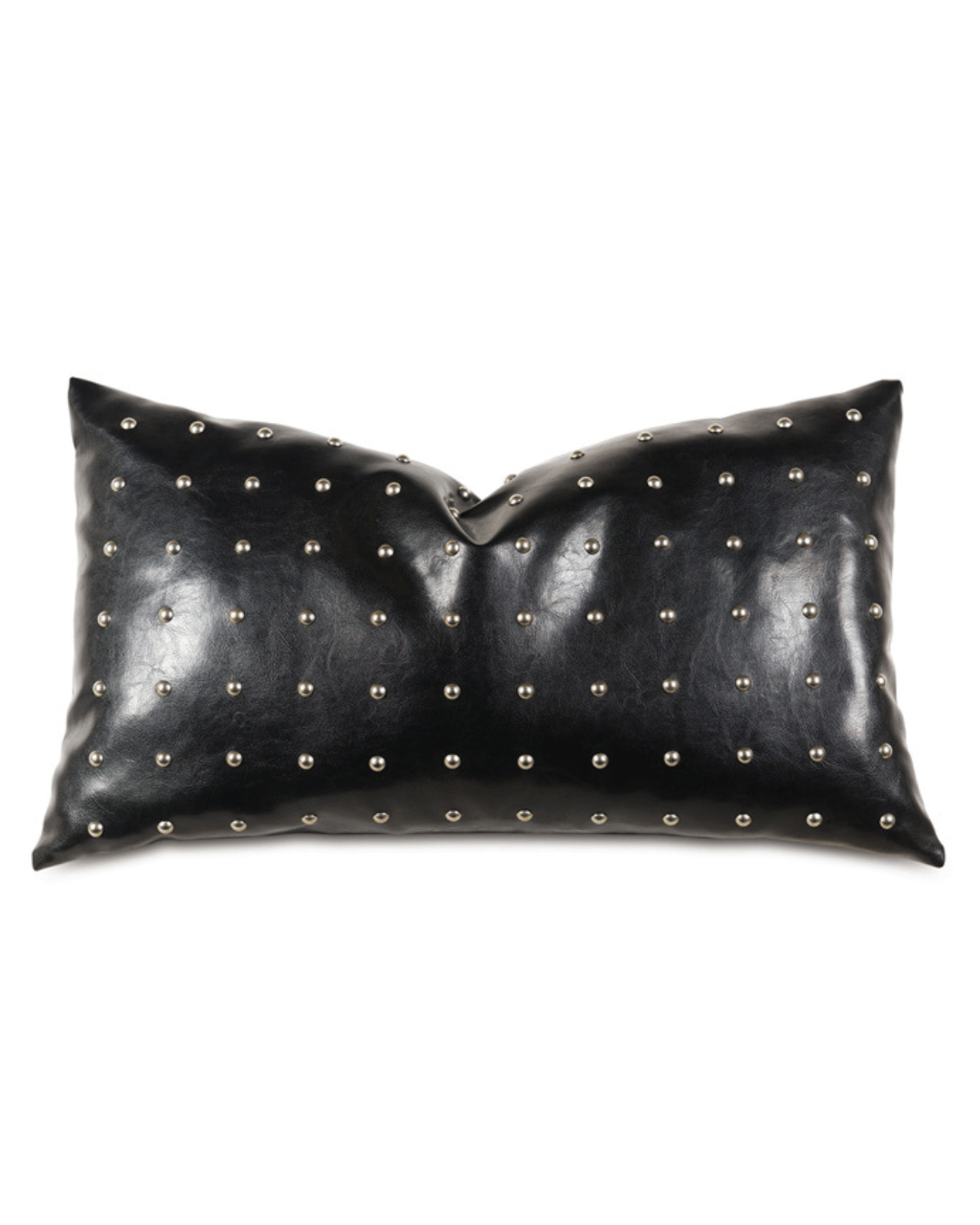 A rectangular black faux leather pillow adorned with evenly spaced nailhead accents. The shiny surface and reflective metal studs create a sleek and modern look suitable for stylish home decor or as an accent pillow for furniture, the Eastern Accents ONYX W/NAILHEADS 15x26.