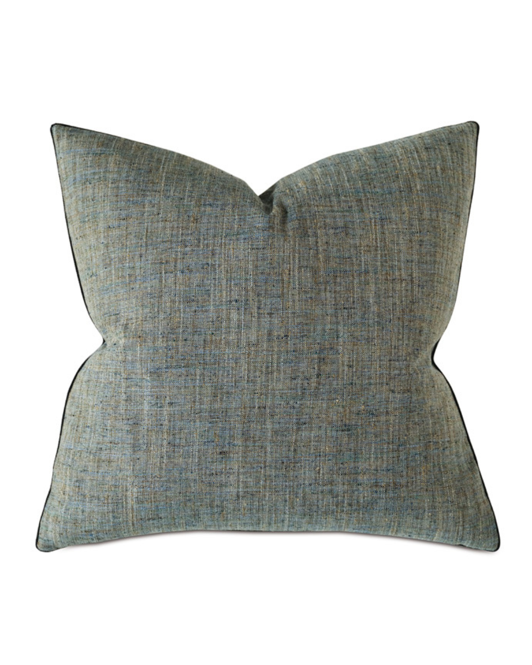 A WOVEN DECORATIVE PILLOW IN TEAL 22x22 from Eastern Accents with a textured fabric in a mix of blue and gray shades. The pillow has a slight V-shape at the top, indicating its softness and plushness. Edged with darker piping, it features a down feather insert for added comfort and a subtle contrast to its multicolored design.