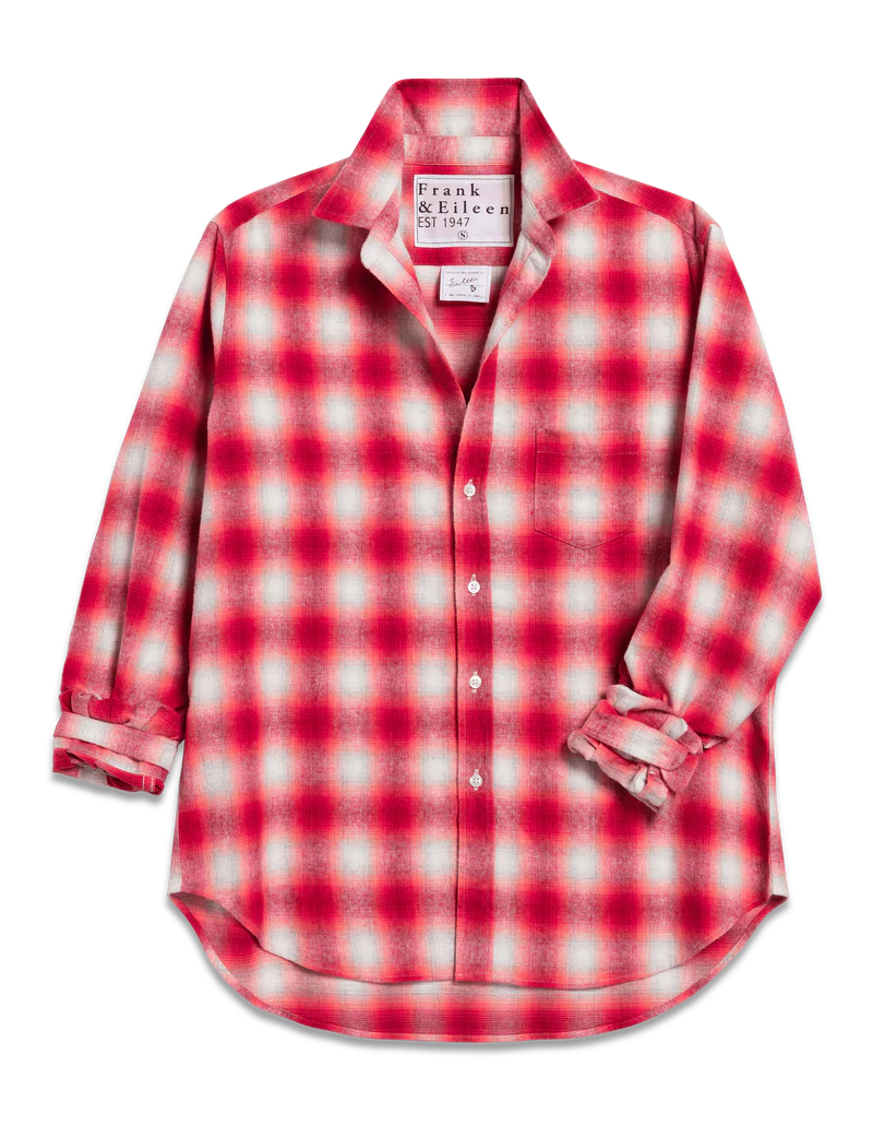 The Frank & Eileen Eileen Button Up Shirt F25 features a red and white plaid design, long sleeves with rolled cuffs, a chest pocket, and a visible brand label inside the collar; relaxed fit ensures everyday comfort.