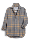 The Eileen Button Up Shirt F25 by Frank & Eileen features a relaxed fit, long sleeves, and a plaid pattern in grey, white, black, and mustard yellow for a casual California-inspired look. Rolled-up sleeves and bust-flattering buttons complete the style.