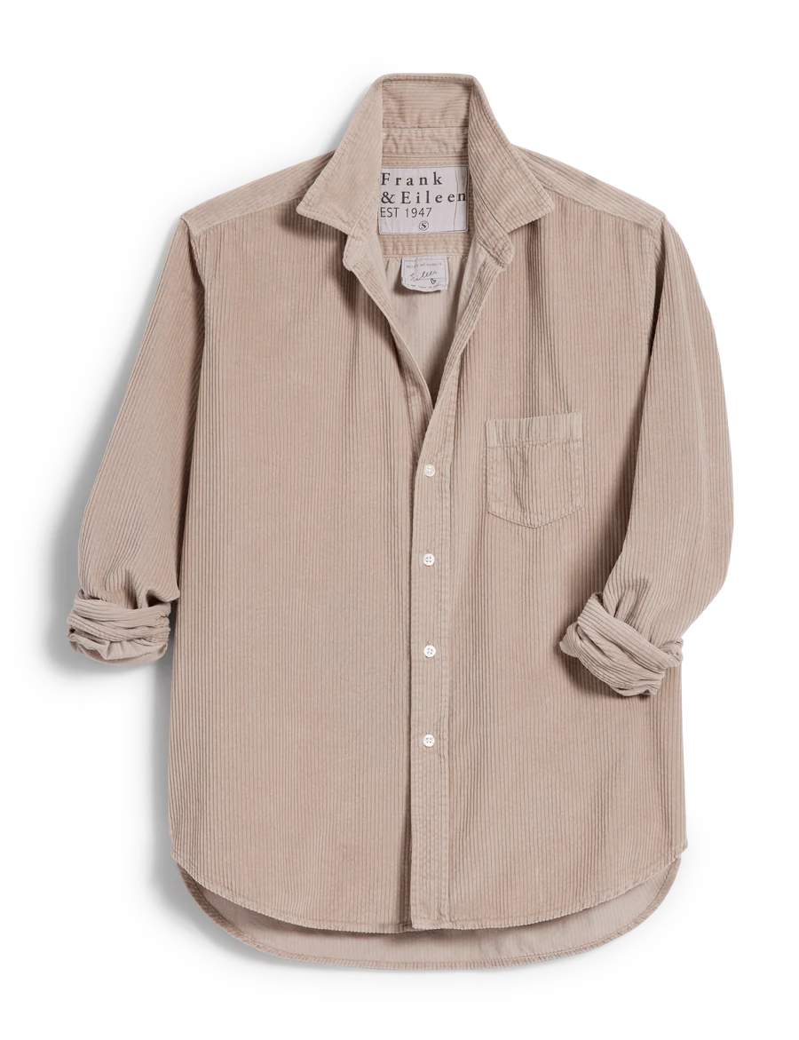 The Frank & Eileen EILEEN Relaxed Button-Up Shirt is a beige corduroy long-sleeve with bust-flattering buttons, front pocket, curved hem, rolled sleeves, and the signature relaxed fit for effortless style.
