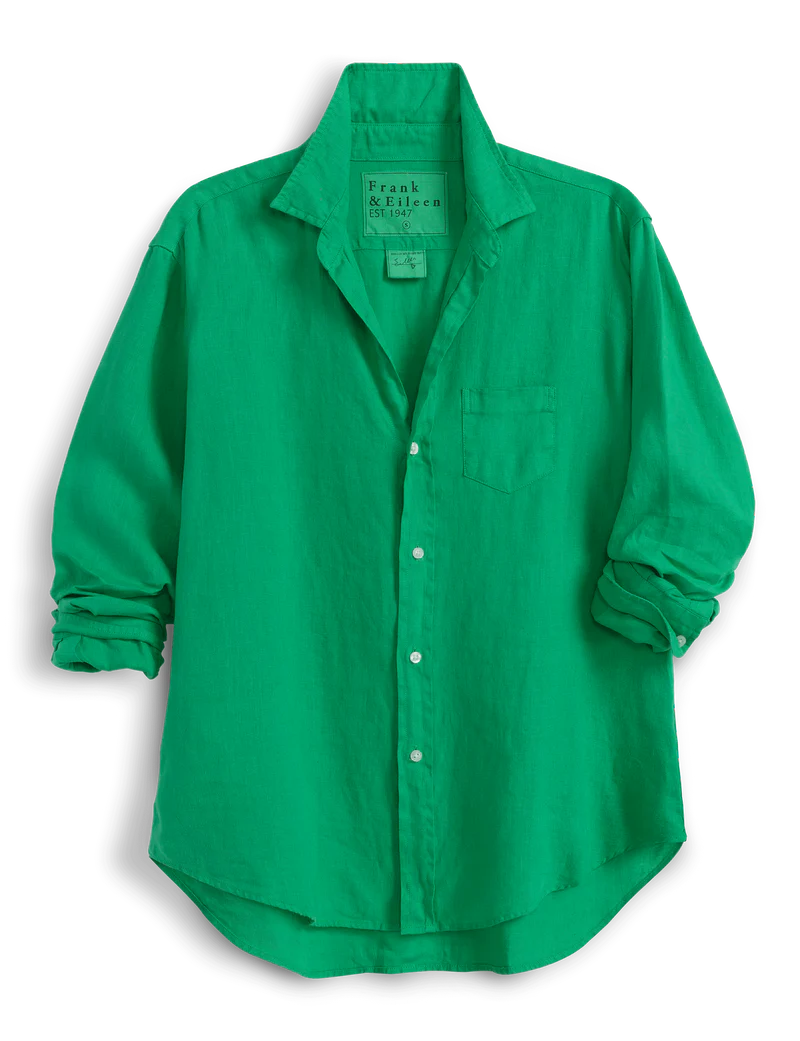 The Frank &amp; Eileen Eileen 26 is a bright green 100% cotton long-sleeve button-up shirt with a collar, chest pocket, and bust-flattering buttons. Relaxed fit, shown with sleeves rolled up on a white background.