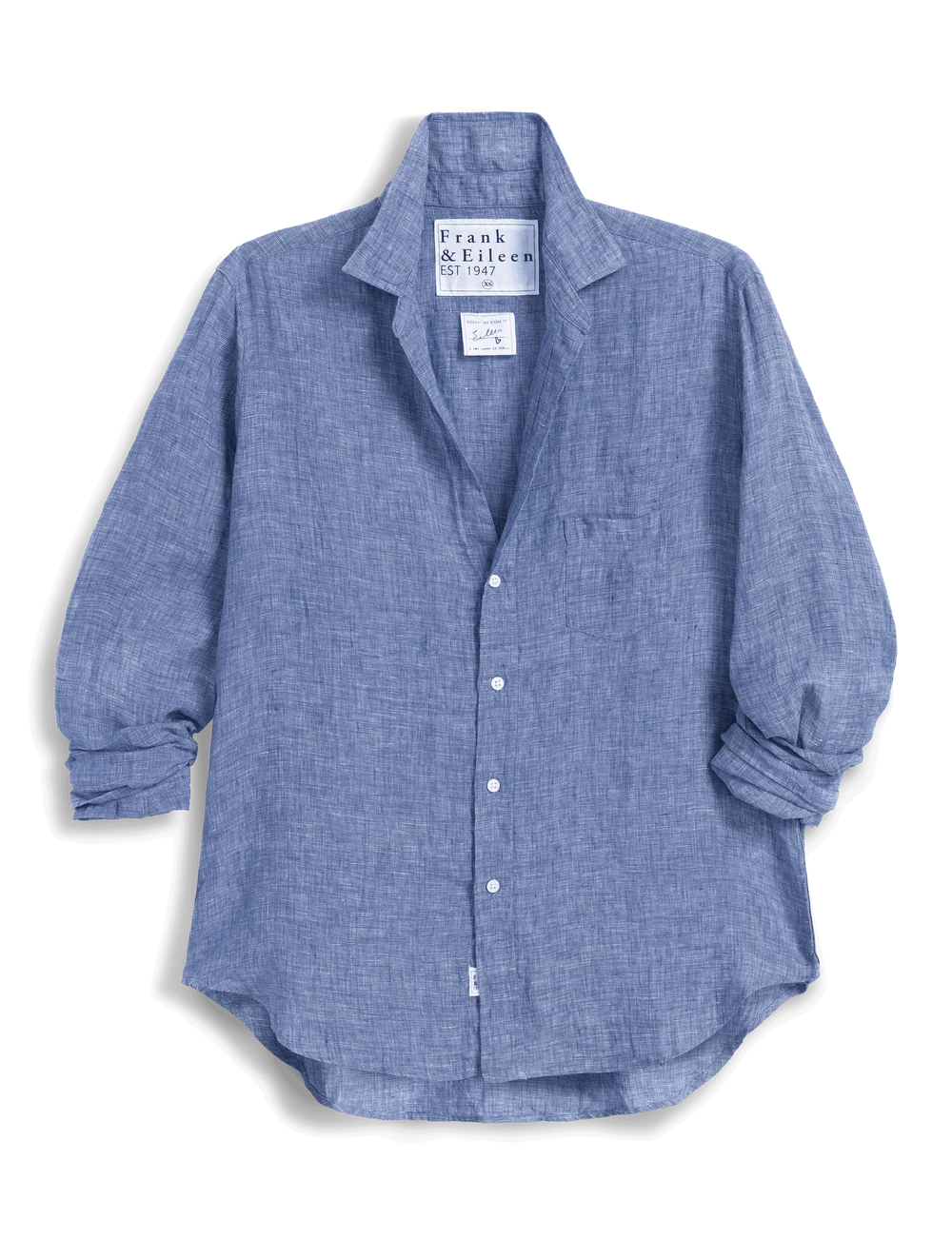 The Frank & Eileen Eileen 26 is a light blue, long-sleeve, relaxed fit button-up shirt with a collar and single chest pocket—true California style—shown on a white background with the "Frank & Eileen" label visible.