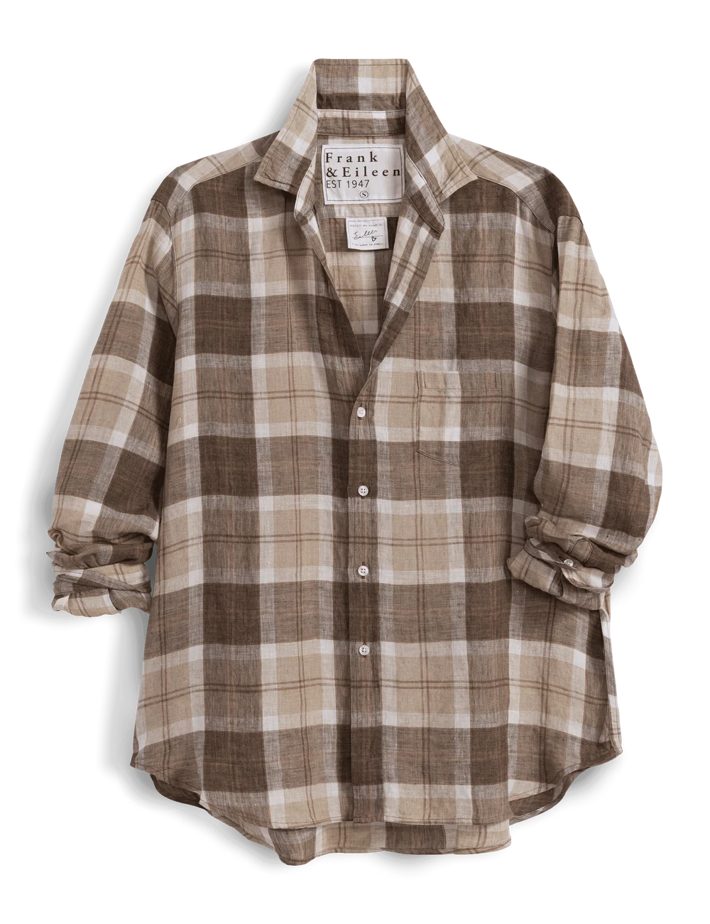 Brown plaid cotton button-up shirt with cuff sleeves and front pocket by Frank &amp; Eileen, relaxed fit.