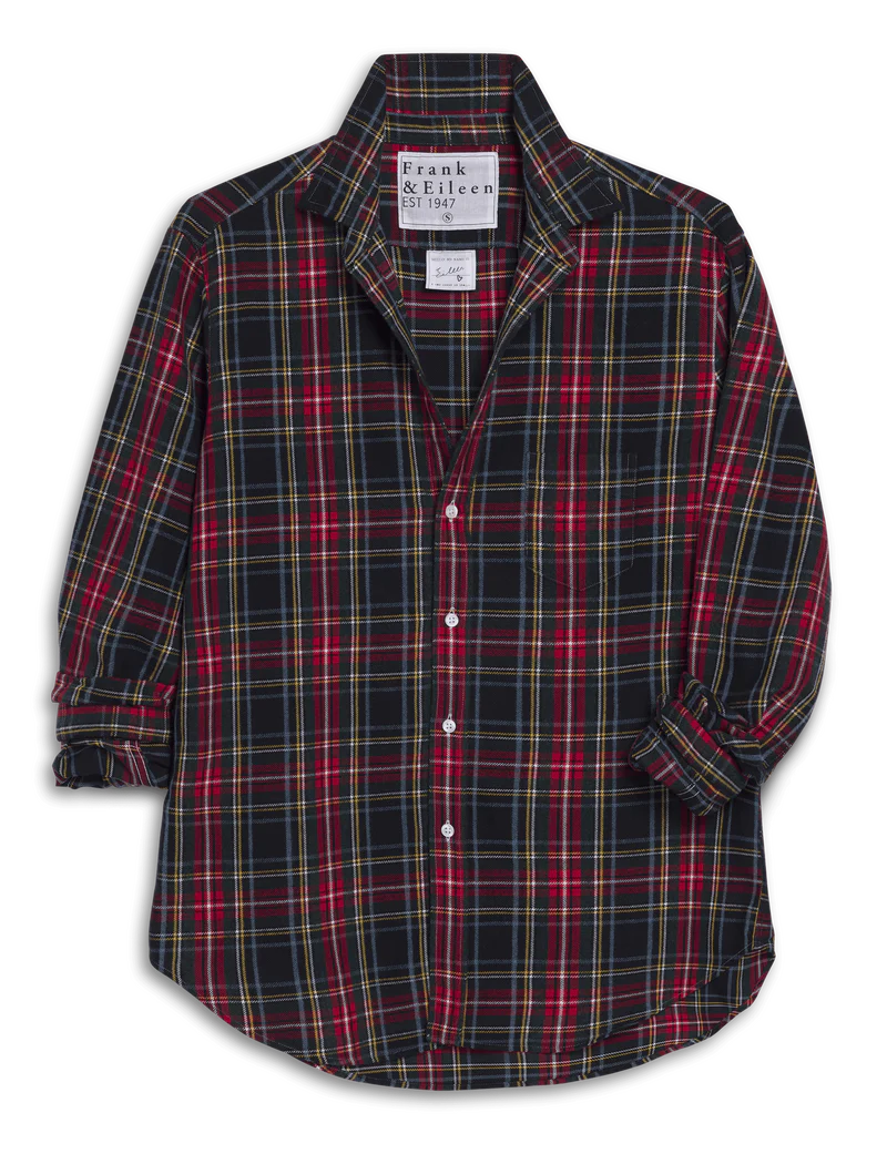 The Frank & Eileen Eileen Button Up Shirt F25 features a relaxed fit, long sleeves, and a red, black, yellow, and white plaid pattern with loosely rolled-up sleeves and an open collar for easy California style. Shirt label is visible inside.