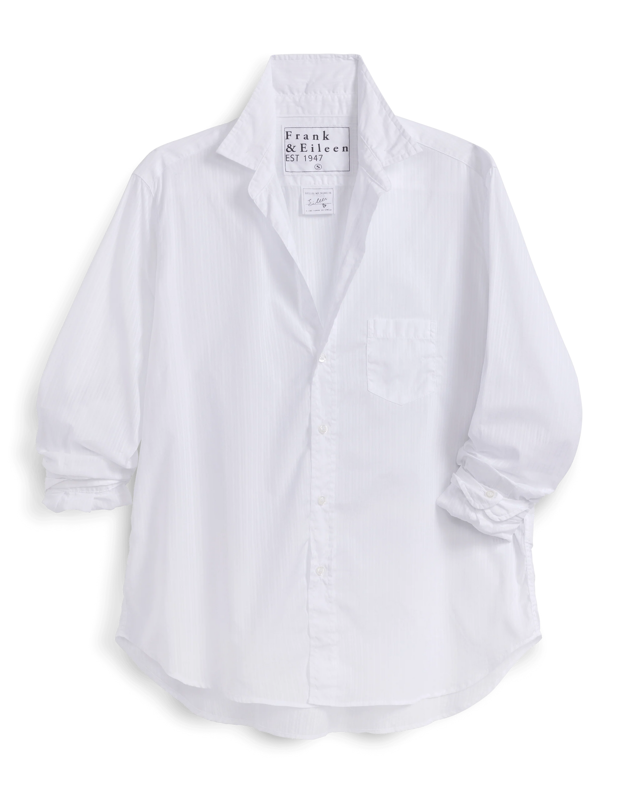 Sheer white striped relaxed shirt with bust-enhancing buttons and rolled sleeves, Frank & Eileen, 100 cotton.