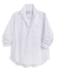 Sheer white striped relaxed shirt with bust-enhancing buttons and rolled sleeves, Frank & Eileen, 100 cotton.
