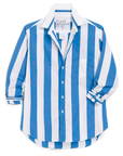 The Eileen 26 by Frank & Eileen is a blue and white vertically striped button-up shirt with a collar, chest pocket, long rolled-up sleeves, relaxed fit, and bust-flattering button placement. The label inside the collar reads "Frank & Eileen.