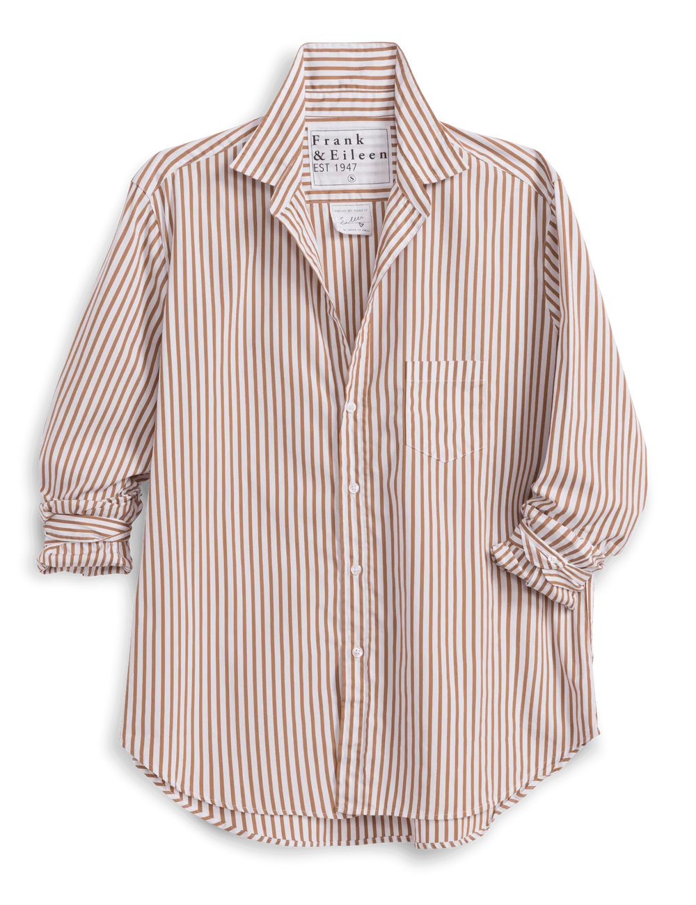 Tan striped cotton button-up shirt with chest pocket and rolled sleeves by Frank &amp; Eileen, classic casual style.