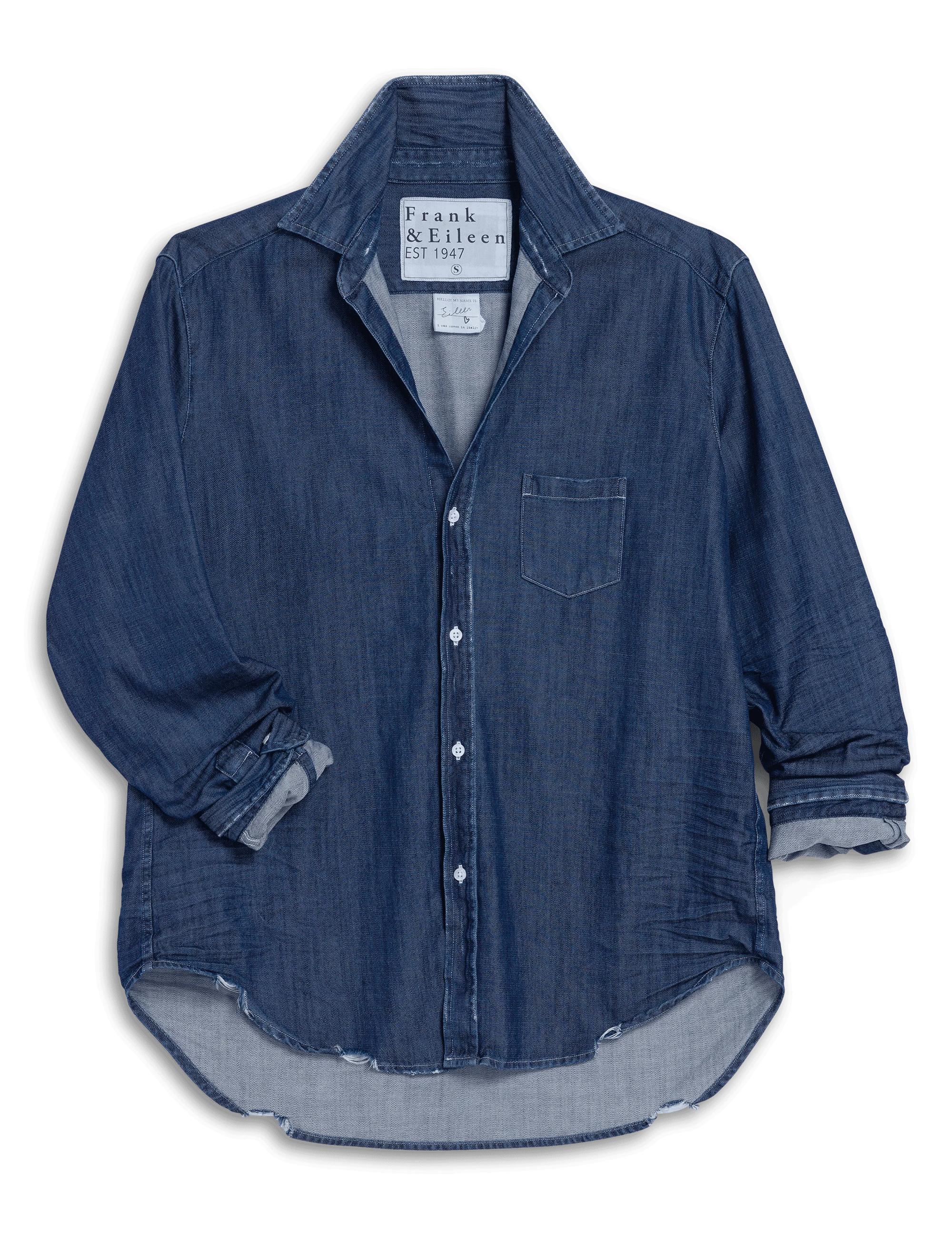 The Frank & Eileen Eileen Tops 2026 is a relaxed fit, 100% cotton dark blue denim shirt with white buttons, a single chest pocket, open collar, curved hem, and long sleeves shown partially rolled up.