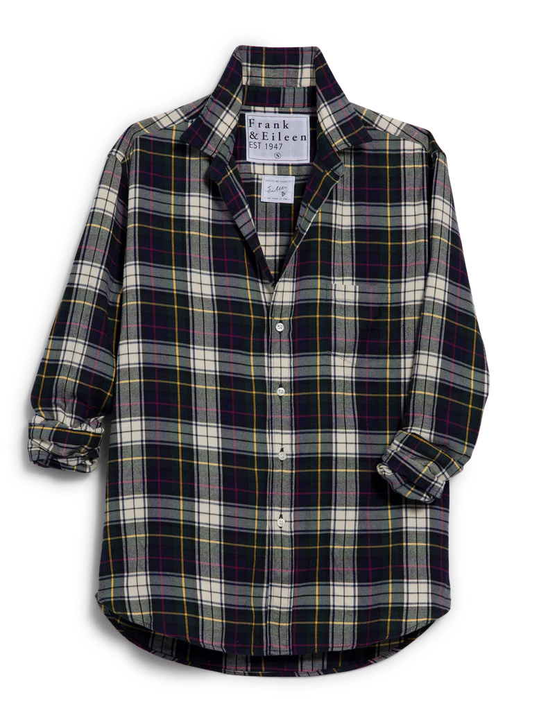 The Frank & Eileen Eileen Button Up Shirt F25 features long sleeves, a black, white, green, and purple plaid pattern, bust-flattering buttons, and a relaxed California-inspired fit.
