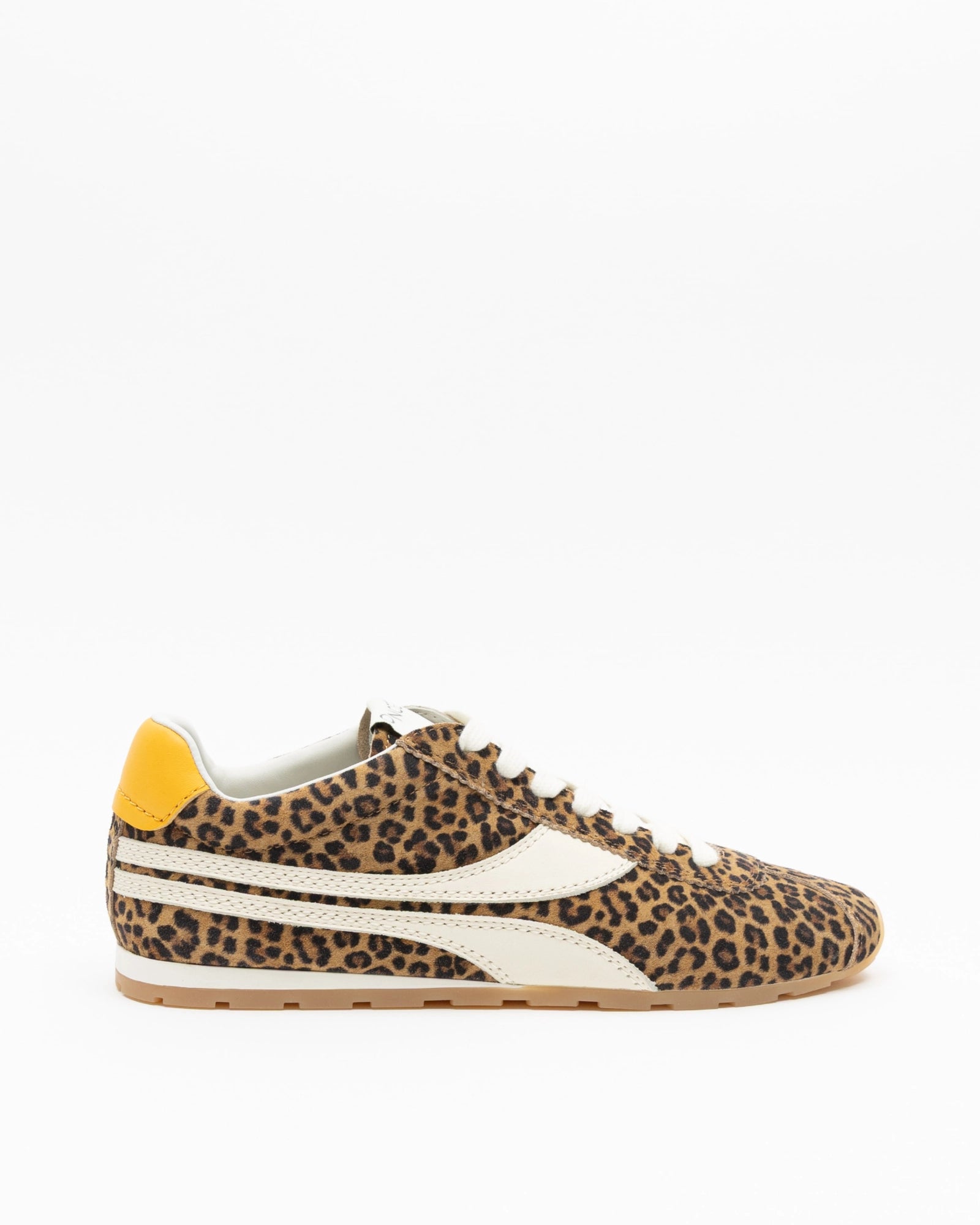 The ONCEPT Essex Sneaker features Italian calf suede with a leopard print, cream laces and side stripe, tan sole, and yellow heel detail, shown in a side profile against a plain white background.
