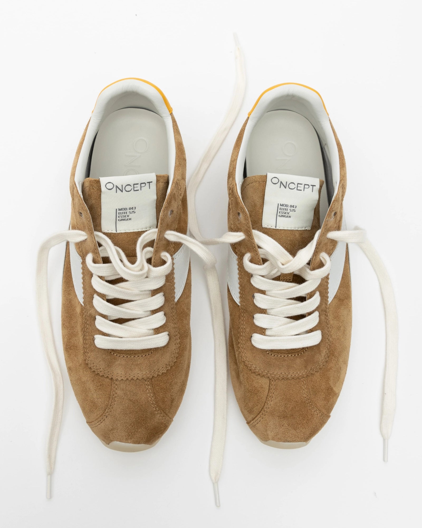 A pair of ONCEPT Essex brown ultra-lightweight sneakers in premium Italian calf suede, with white laces and soles, shown from above on a white background. The insoles feature the ONCEPT brand name in black lettering.