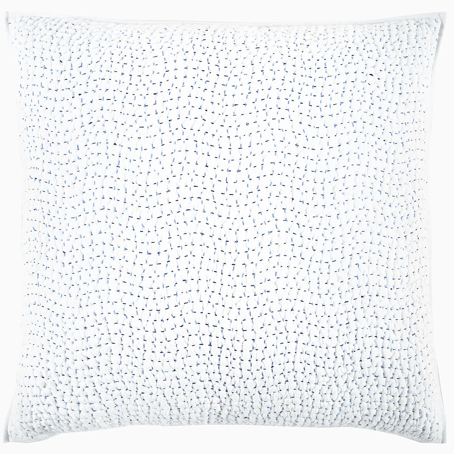 The John Robshaw Euro Sham is a square white throw pillow crafted from organic cotton voile, featuring a modern textured look with small, uneven blue stitched lines scattered across the surface.