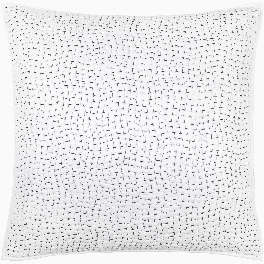 The John Robshaw Euro Sham is a white square pillow in organic cotton voile, featuring a minimalist crosshatch pattern of small, irregular black stitched lines across the surface.