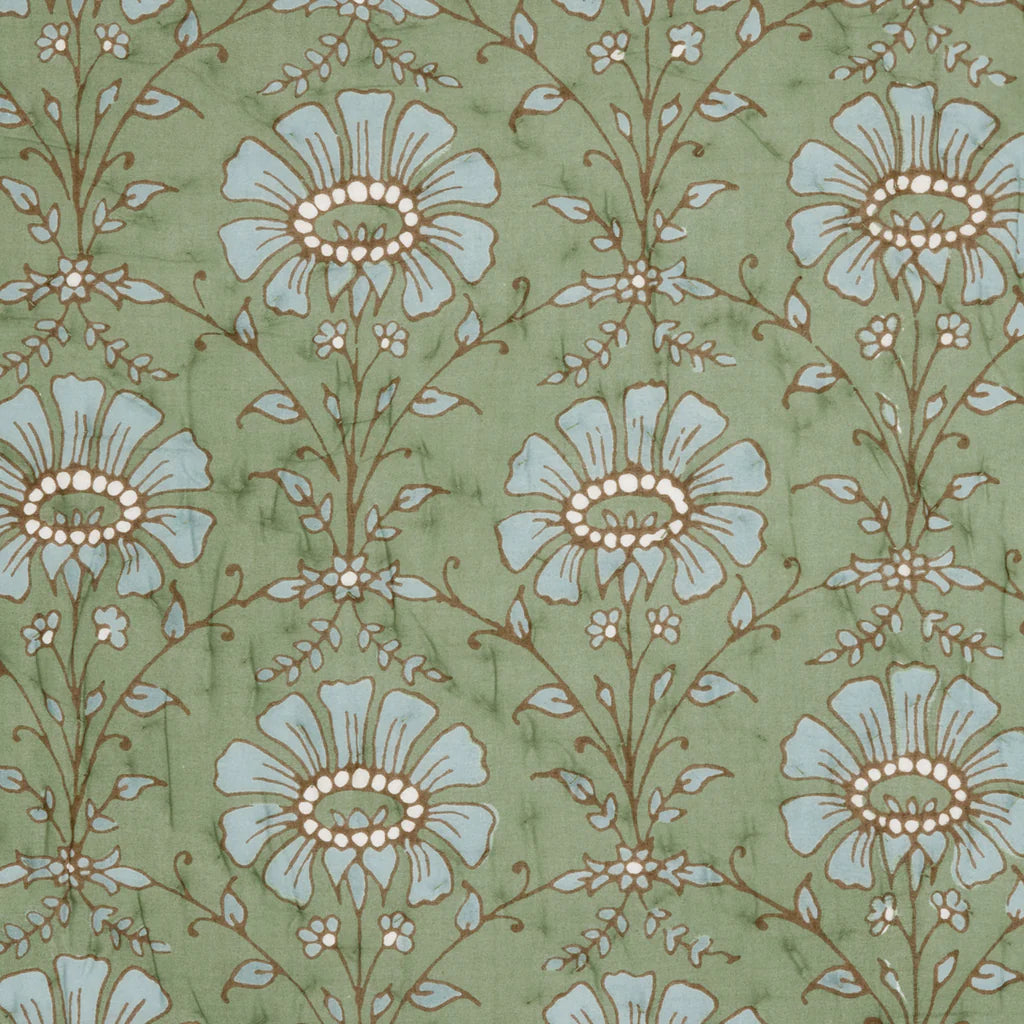 The Jeeva Sage Quilt by John Robshaw features pure cotton voile in sage green with a vintage-inspired design of large blue and white flowers, brown stems, and small leaves—perfect for a hand-quilted project.