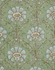 The Jeeva Sage Quilt by John Robshaw features pure cotton voile in sage green with a vintage-inspired design of large blue and white flowers, brown stems, and small leaves—perfect for a hand-quilted project.