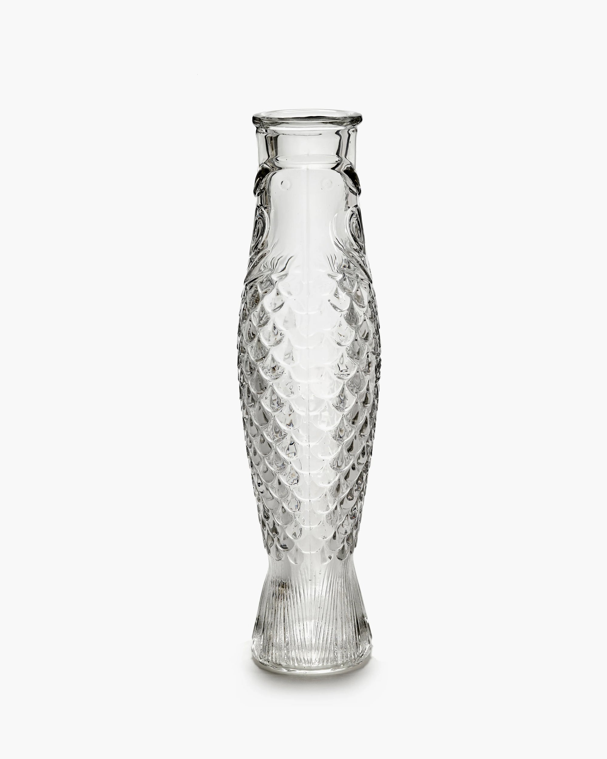 Clear glass fish carafe with textured scales and fins by Serax, perfect for dining or kitchen decor.