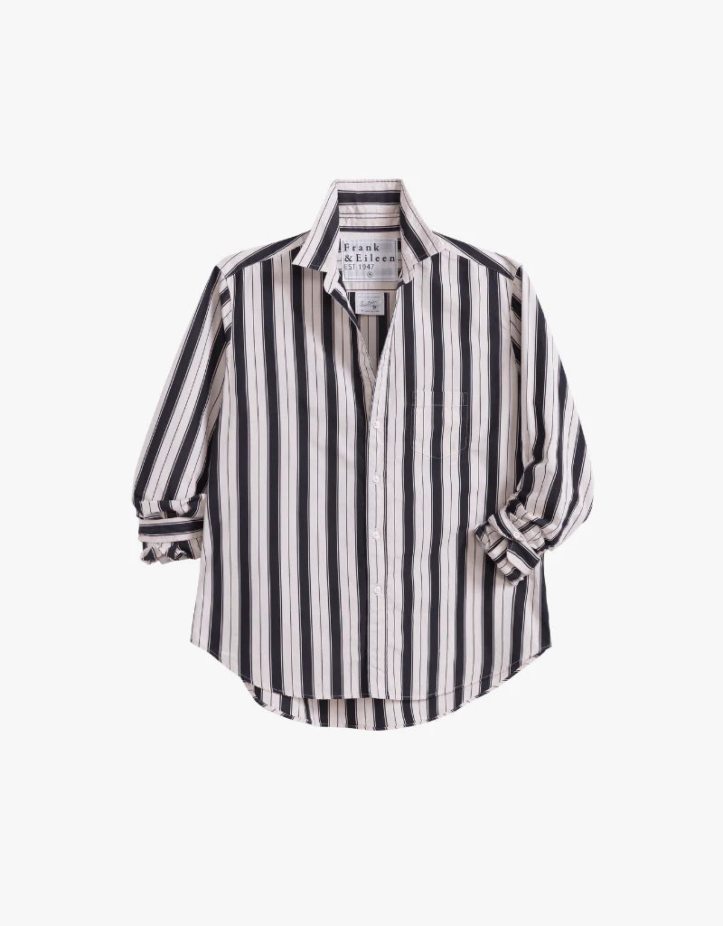 Black and white striped relaxed button-up by Frank &amp; Eileen, tailored fit with front pocket and rolled sleeves.